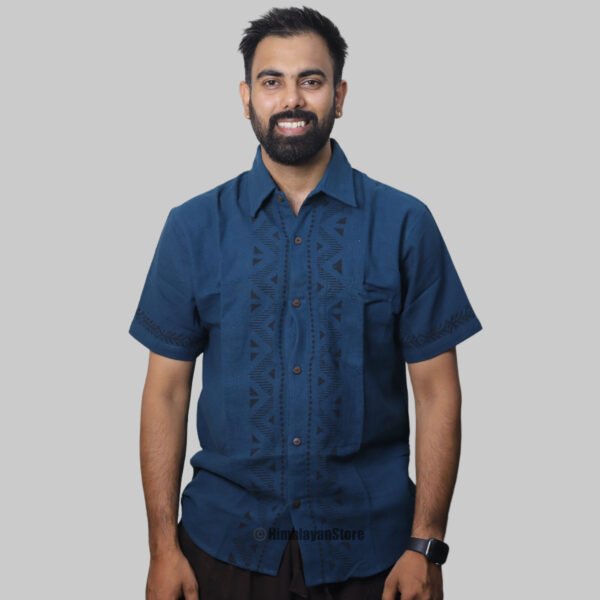 Linen Shirt with Hand Block Prints - Navy Blue - Image 2
