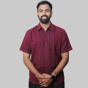 Linen Shirt with Hand Block Prints - Wine Color