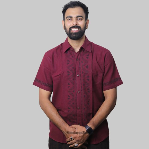Linen Shirt with Hand Block Prints - Wine Color