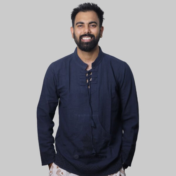 Linen Kurta with Hand Block Prints - Navy Blue - Image 7