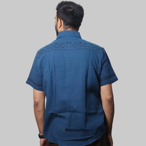 Linen Shirt with Hand Block Prints - Navy Blue - Image 9
