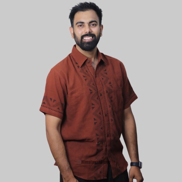 Linen Shirt with Hand Block Prints - Reddish Brown - Image 3