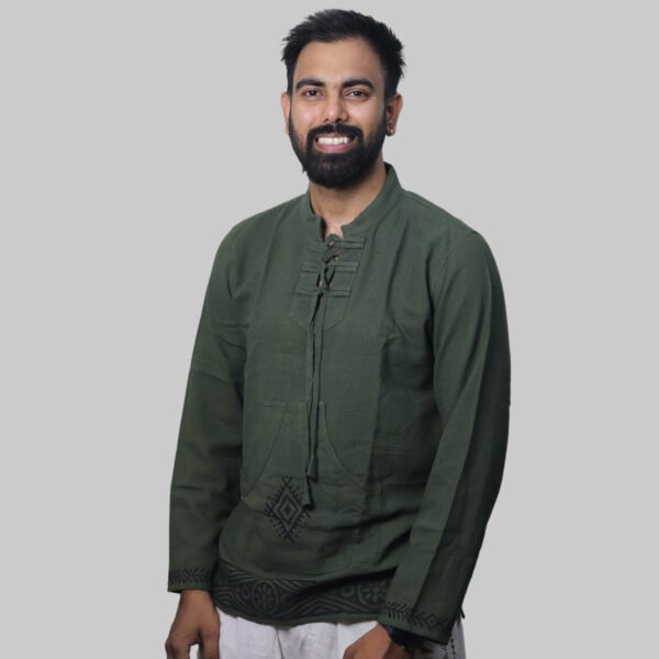 Linen Kurta with Hand Block Prints - Green - Image 7