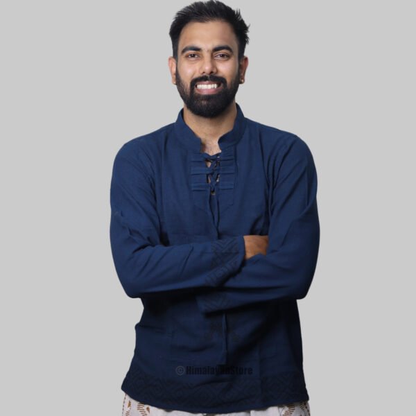 Linen Kurta with Hand Block Prints - Dark Blue - Image 5