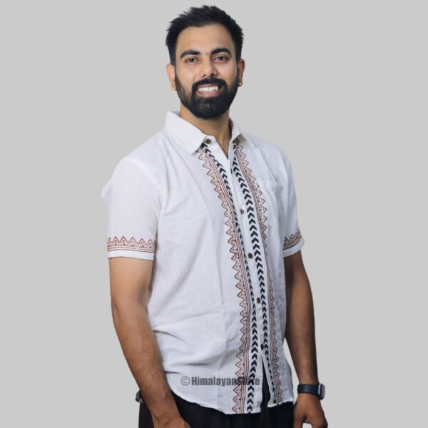Linen Shirt with Hand Block Prints - White - Image 2