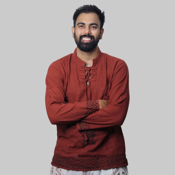 Linen Kurta with Hand Block Prints - Maroon - Image 5