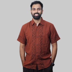 Linen Shirt with Hand Block Prints - Reddish Brown