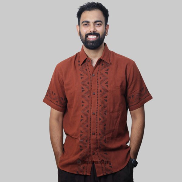 Linen Shirt with Hand Block Prints - Reddish Brown