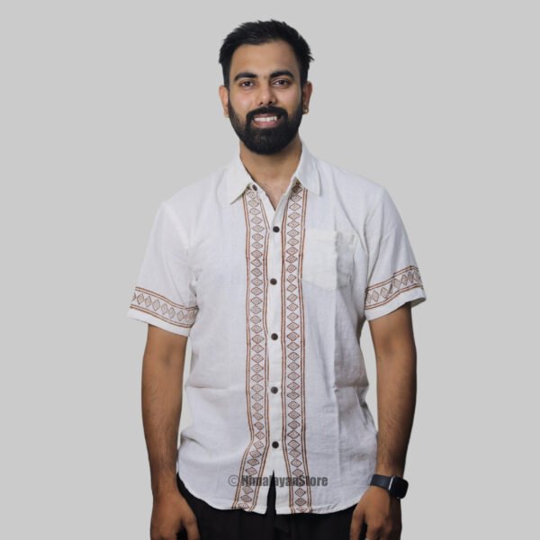 Linen Shirt with Hand Block Prints - White - Image 5