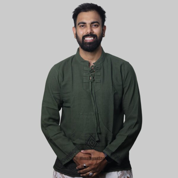 Linen Kurta with Hand Block Prints - Green - Image 5