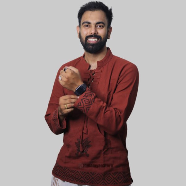 Linen Kurta with Hand Block Prints - Maroon - Image 3