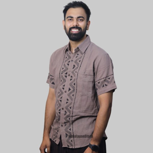 Linen Shirt with Hand Block Prints - Light Brown - Image 3
