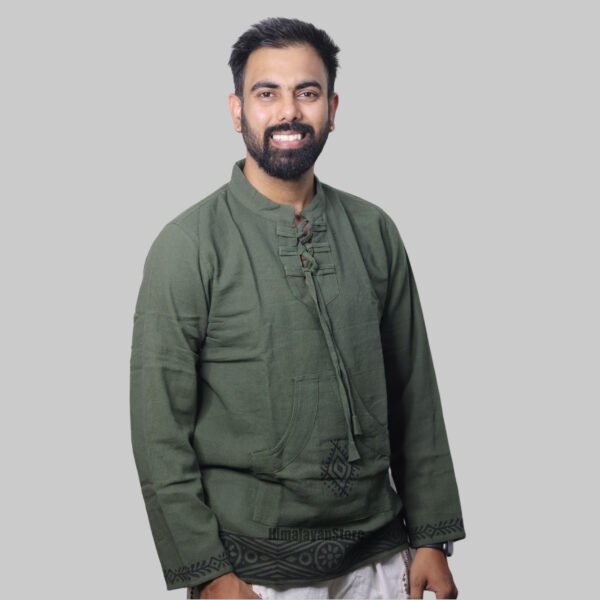 Linen Kurta with Hand Block Prints - Green - Image 2