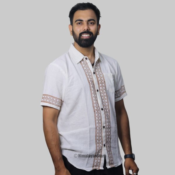 Linen Shirt with Hand Block Prints - White - Image 7