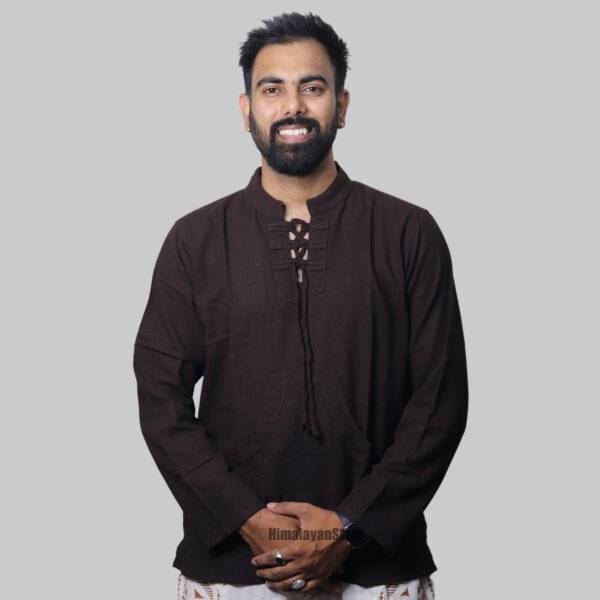 Linen Kurta with Hand Block Prints - Dark Brown - Image 8