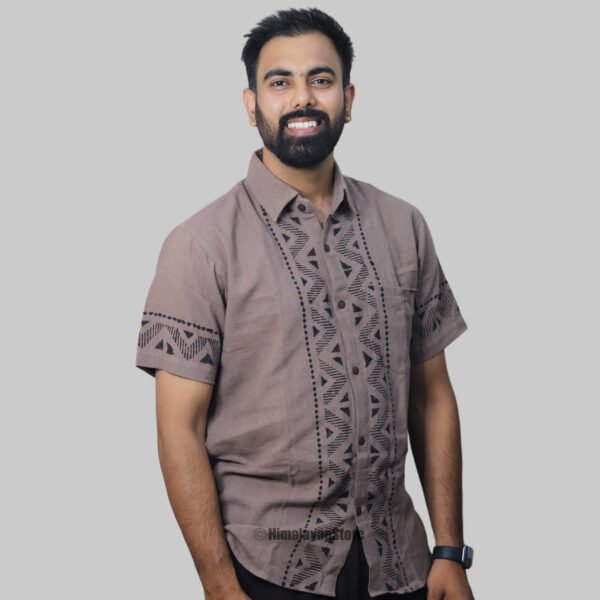 Linen Shirt with Hand Block Prints - Light Brown - Image 6
