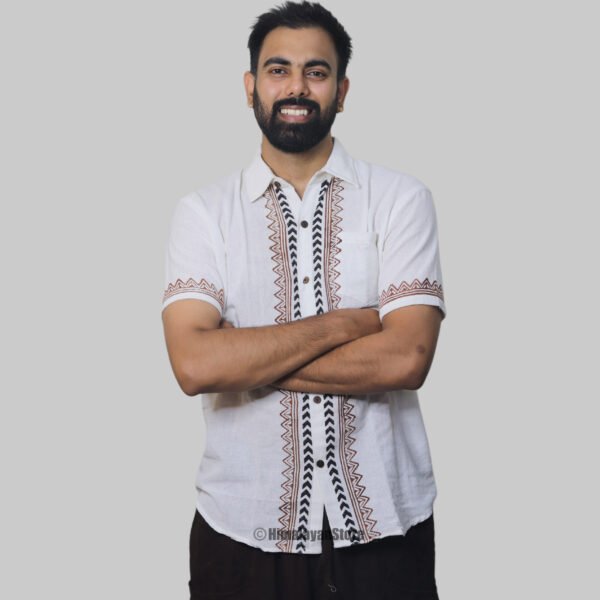 Linen Shirt with Hand Block Prints - White - Image 7