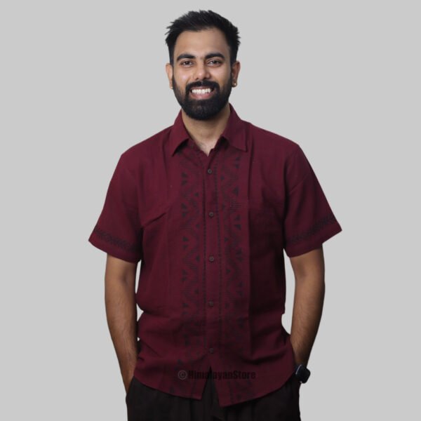 Linen Shirt with Hand Block Prints - Wine Color - Image 2