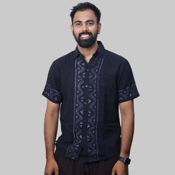 Linen Shirt with Hand Block Prints - Black - Image 3