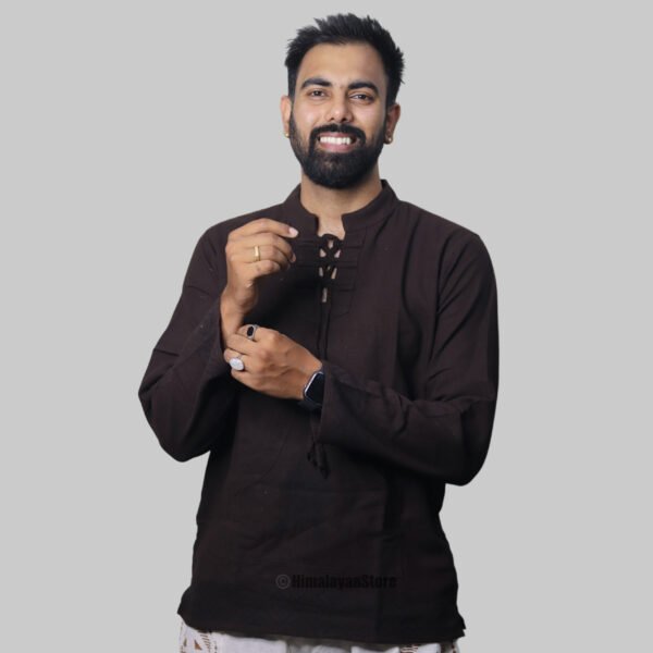 Linen Kurta with Hand Block Prints - Dark Brown - Image 7