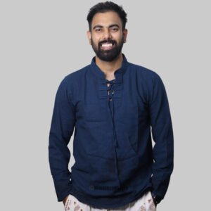 Linen Kurta with Hand Block Prints - Dark Blue