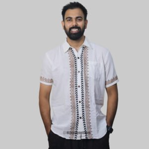 Linen Shirt with Hand Block Prints - White