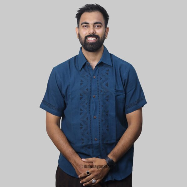 Linen Shirt with Hand Block Prints - Navy Blue - Image 5