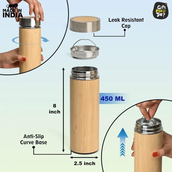 Eco-Friendly Bamboo Water Bottle, Stainless Steel Flask Water Bottle/Thermos with Tea Strainer | Double Wall Vacuum Insulated | Hot & Cold - Image 7