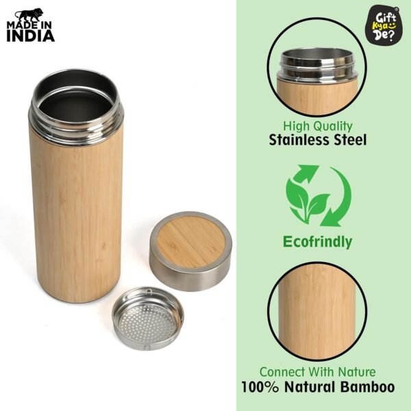 Eco-Friendly Bamboo Water Bottle, Stainless Steel Flask Water Bottle/Thermos with Tea Strainer | Double Wall Vacuum Insulated | Hot & Cold - Image 6