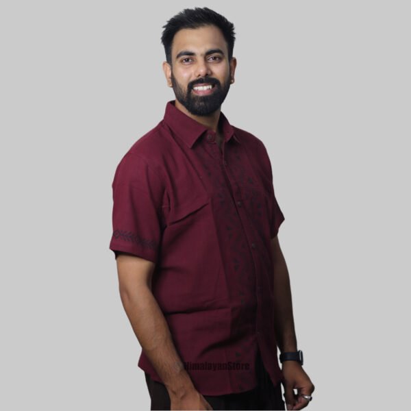 Linen Shirt with Hand Block Prints - Wine Color - Image 5