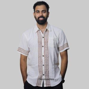 Linen Shirt with Hand Block Prints - White