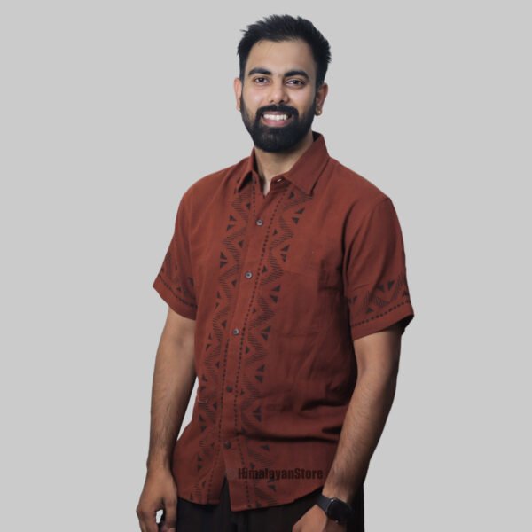 Linen Shirt with Hand Block Prints - Reddish Brown - Image 4