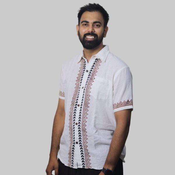 Linen Shirt with Hand Block Prints - White - Image 5