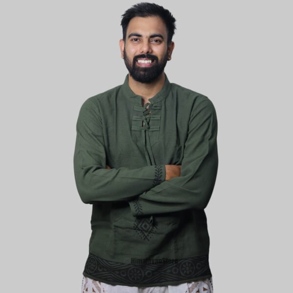 Linen Kurta with Hand Block Prints - Green - Image 6