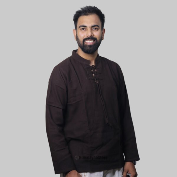 Linen Kurta with Hand Block Prints - Dark Brown - Image 3