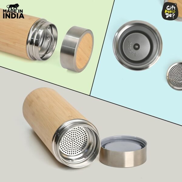 Eco-Friendly Bamboo Water Bottle, Stainless Steel Flask Water Bottle/Thermos with Tea Strainer | Double Wall Vacuum Insulated | Hot & Cold - Image 4