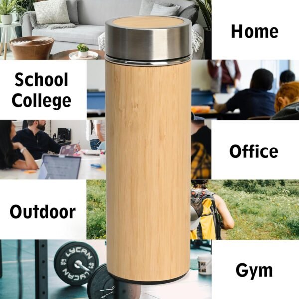 Eco-Friendly Bamboo Water Bottle, Stainless Steel Flask Water Bottle/Thermos with Tea Strainer | Double Wall Vacuum Insulated | Hot & Cold - Image 3