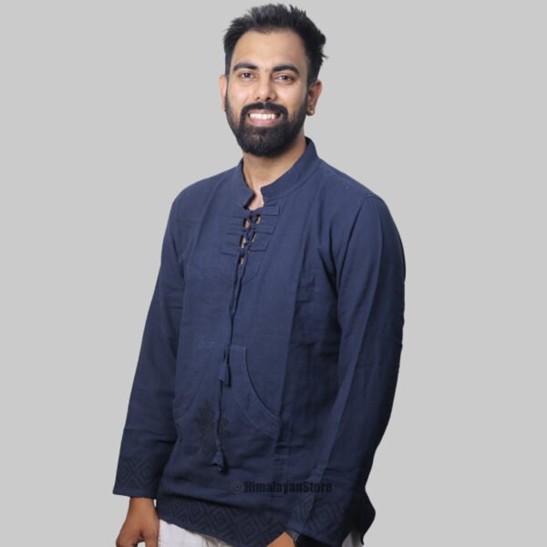 Linen Kurta with Hand Block Prints - Navy Blue - Image 6