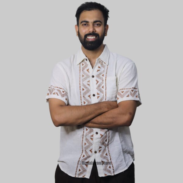 Linen Shirt with Hand Block Prints - White - Image 3