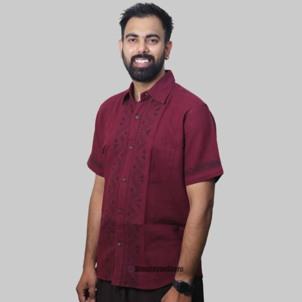 Linen Shirt with Hand Block Prints - Wine Color - Image 6