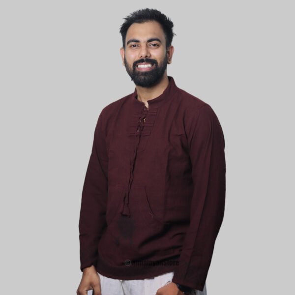 Linen Kurta with Hand Block Prints - Wine Color - Image 2