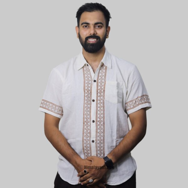 Linen Shirt with Hand Block Prints - White - Image 3