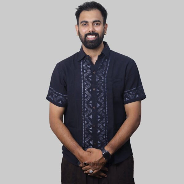 Linen Shirt with Hand Block Prints - Black - Image 6