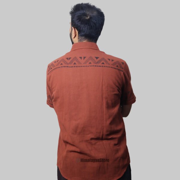 Linen Shirt with Hand Block Prints - Reddish Brown - Image 8