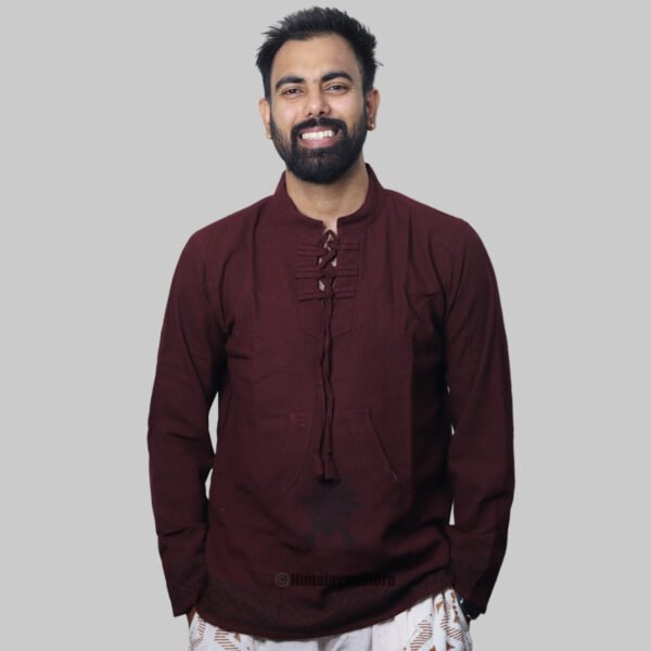 Linen Kurta with Hand Block Prints - Wine Color - Image 3