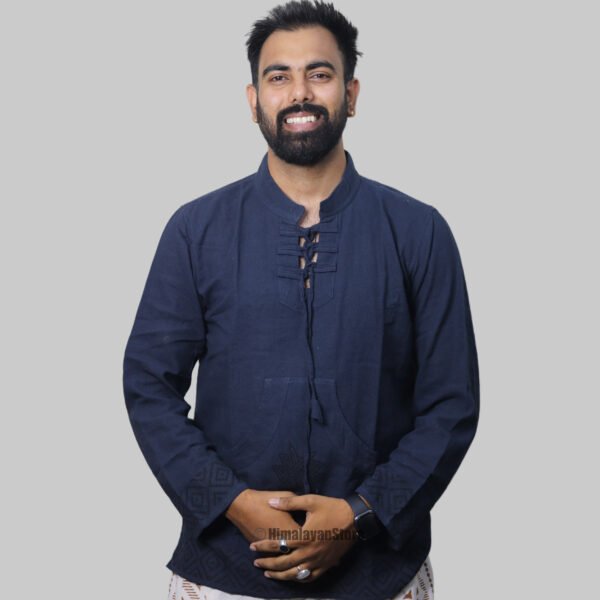 Linen Kurta with Hand Block Prints - Navy Blue - Image 5