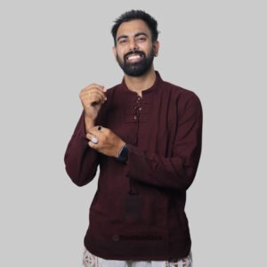 Linen Kurta with Hand Block Prints - Wine Color