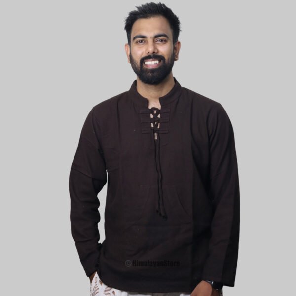 Linen Kurta with Hand Block Prints - Dark Brown - Image 2