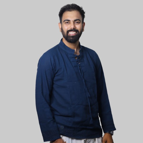 Linen Kurta with Hand Block Prints - Dark Blue - Image 6