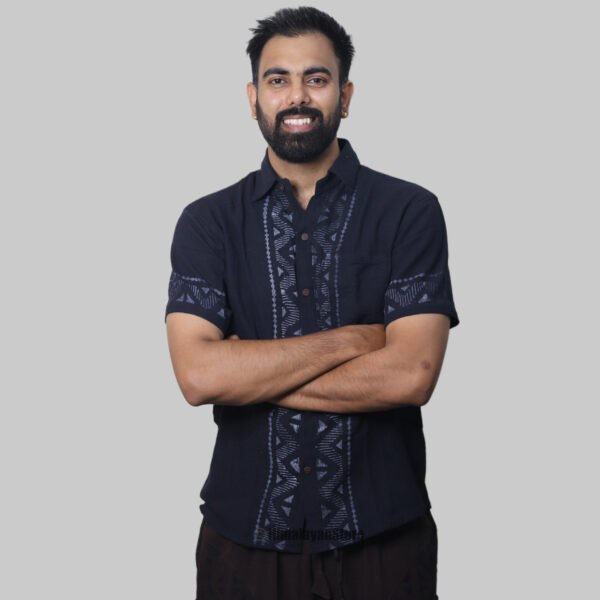 Linen Shirt with Hand Block Prints - Black